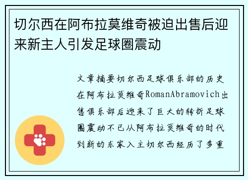 切尔西在阿布拉莫维奇被迫出售后迎来新主人引发足球圈震动