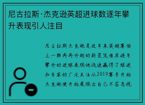 尼古拉斯·杰克逊英超进球数逐年攀升表现引人注目